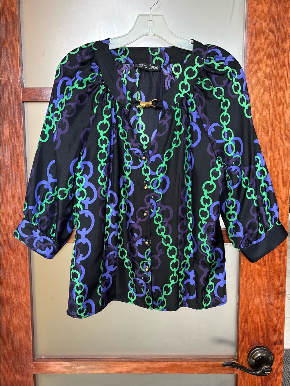 Sarah Jane Black Blouse with Green & Blue Chain Motif